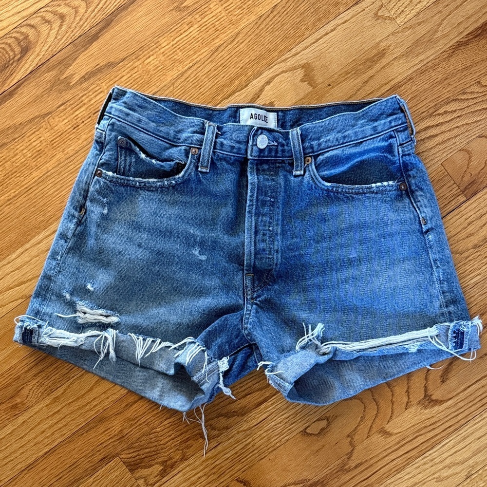 AGOLDE Parker High Rise Cutoff Denim Shorts 28 Distressed Raw Hem Button Fly